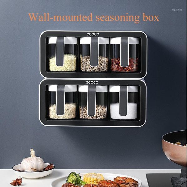 

wall mount spice rack organizer sugar bowl salt shaker seasoning container spice boxes with spoons kitchen supplies storage set1