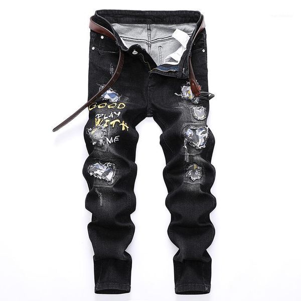 

jean slim homme new ripped patchwork jeans men straight black jeans men embroidered pantalon homme slim casual mens trousers1, Blue