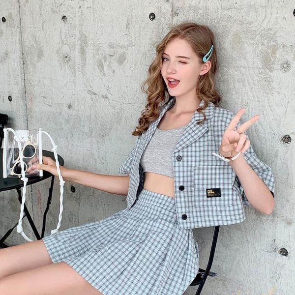 

summer women sets harajuku preppy style short sleeve plaid shirt +pleat skirt cute skirt set vintage kawaii vintage girl suits1, White