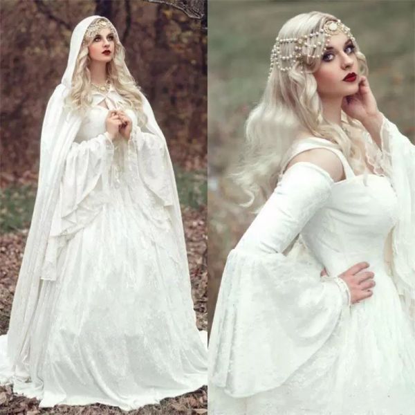 2022 Gothic Langarm Brautkleider Brautkleid mit Cape Spitze Applikation Sweep Zug aus der Schulter Satin Sexy Vestido de Novia Maßgeschneidert
