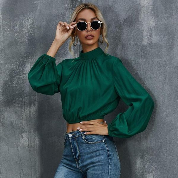 

2020 lantern sleeve high neck solid blouse shirts women slim crop ruched elastic fashion spring autumn elegant ladies, White