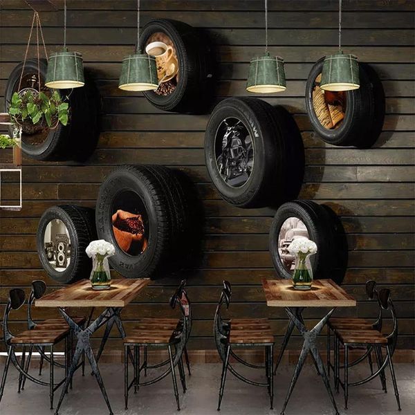 

custom wallpapers nostalgic car tire wood grain wall cloth for living room cafe wall home decor mural papel de parede 3d fresco