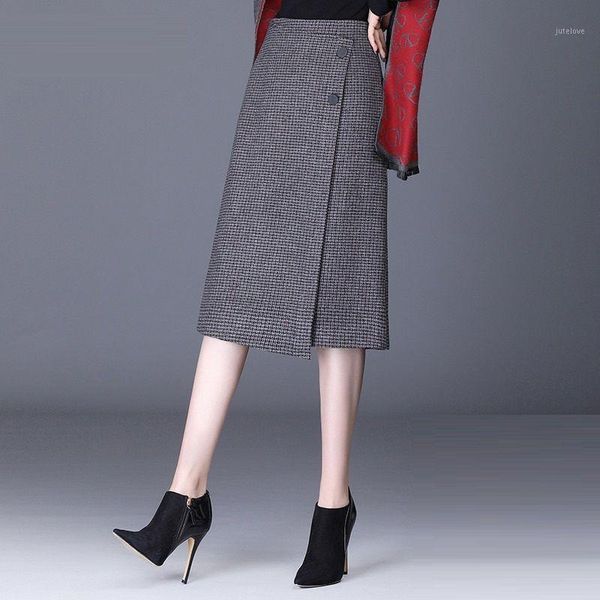

2020 new fall winter women woolen high waist irregular plaid skirt mid-calf length splice asymmetrical skirt women's l801, Black