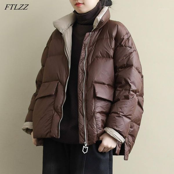 

ftlzz 2020 new women white duck down jacket winter stand collar loose down coat female warm short snow outwear1, Black