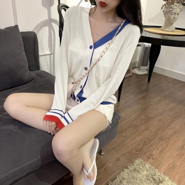 

women's blouses & shirts fashion brand spring and autumn style v-neck full korean knitted casual patchwork white blue ladies women&#03