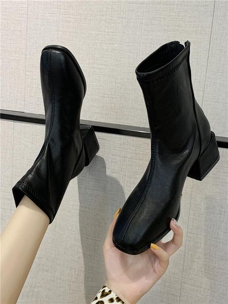 

boots female british style 2021 wild square toe thick heel net red thin shoes fashion short, Black