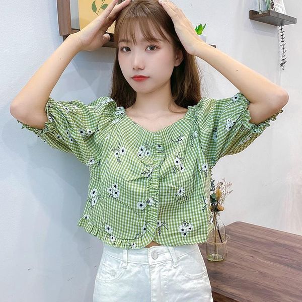 

sweet ruffles women shirt ladies floral blouse women short sleeve blouse square collar, White