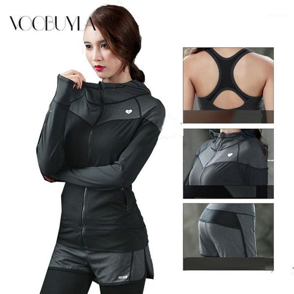

running sets voobuyla autumn women 3 in 1 yoga suit sport jacket+bra+pants breathable gym jogging set quick dry girls suit1, Black;blue