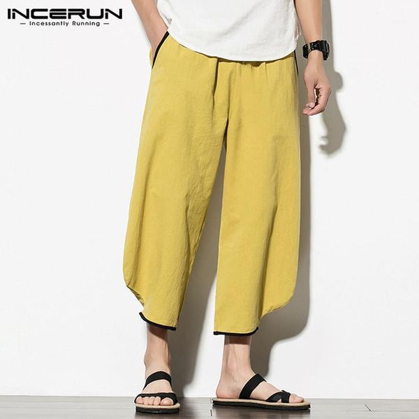 

incerun men cotton linen harem pants casual joggers vintage streetwear chic ankle length pants patchwork 2020 wide leg trousers1, Black