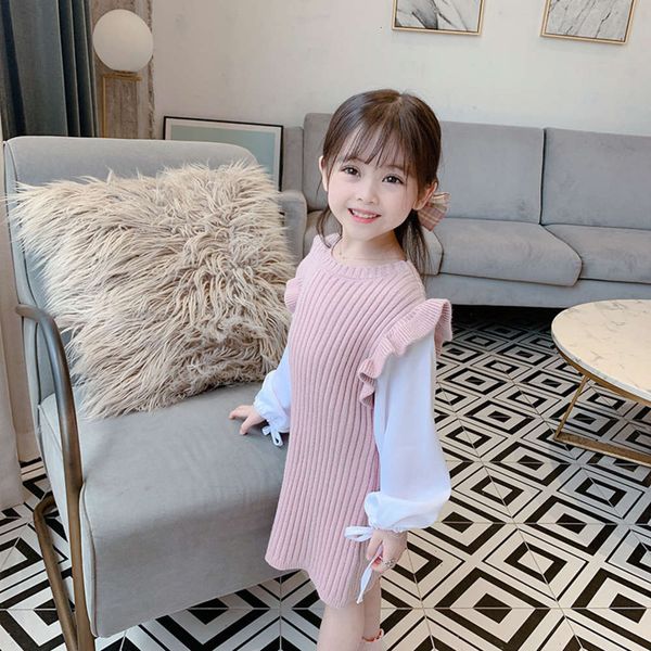 

patchwork huzhou zhili children's wear autumn girls' auricular sweater women's knitting drs, Red;yellow