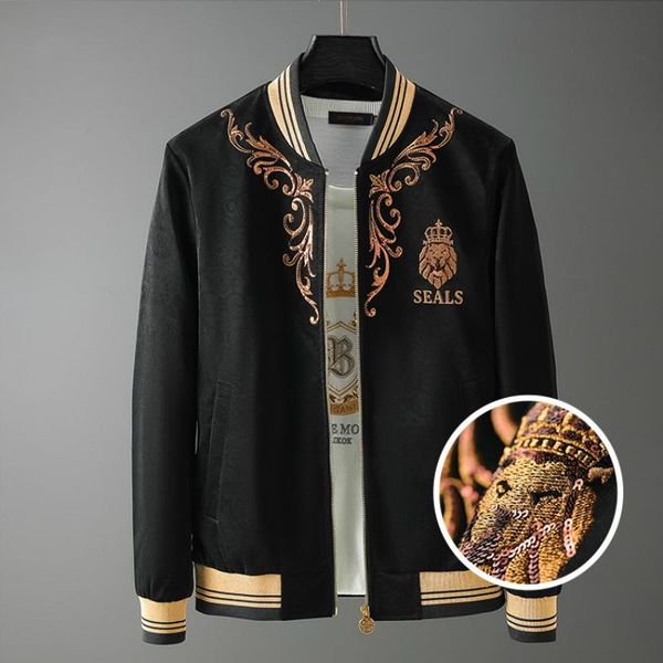 

mens jackets casual golden sequins embroidery lion king dark pattern vintage streetwear pu jacket men slim jackets light luxury, Black;brown