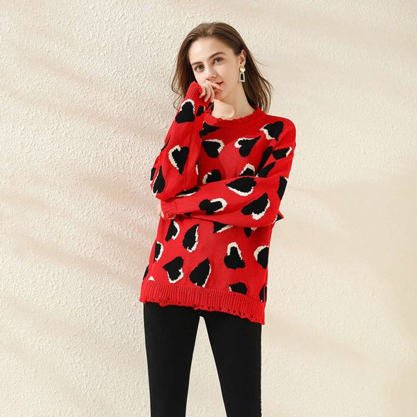 

pitaya color women's love pullover sweater loose hole burr heart-shaped pattern t-shirt coat, White;black