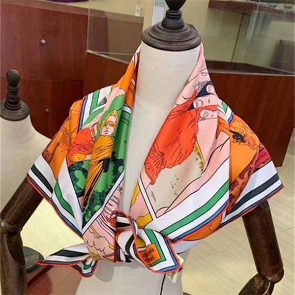 

new arrival spring autumn classic cartoon 100% pure silk scarf twill hand made roll 90*90 cm shawl wrap for women lady y201024, Blue;gray