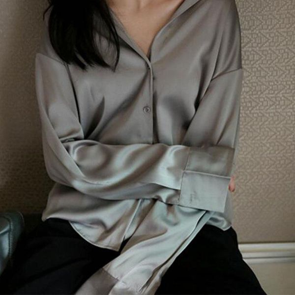 

womens office shirt commuter shirt silky satin white gray blue