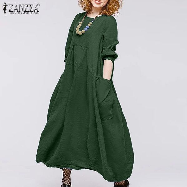 

spring sundress women vintage solid kaftan dress zanzea casual long sleeve loose baggy midi vestidos plus size cotton dresses, Black;gray