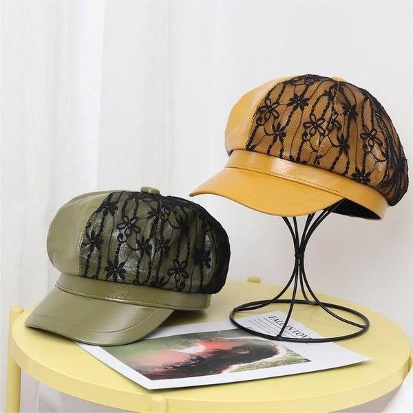 

stingy brim hats octagonal hat women korean fashion lace floral leather plain beret autumn and winter warm ins cap luxury designer hat1, Blue;gray