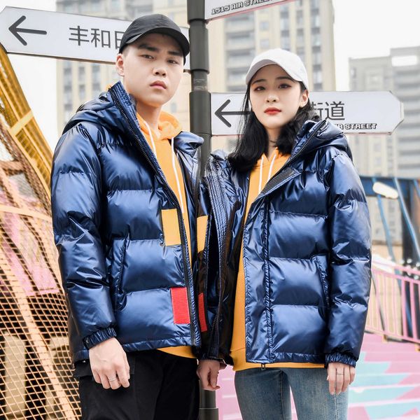 

winter new fashion loose couple bright face handsome down cotton thickened bread men's coat, Black