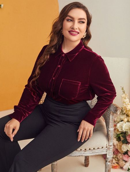 

plus single breasted patch pocket velvet blouse h6ub#, Black