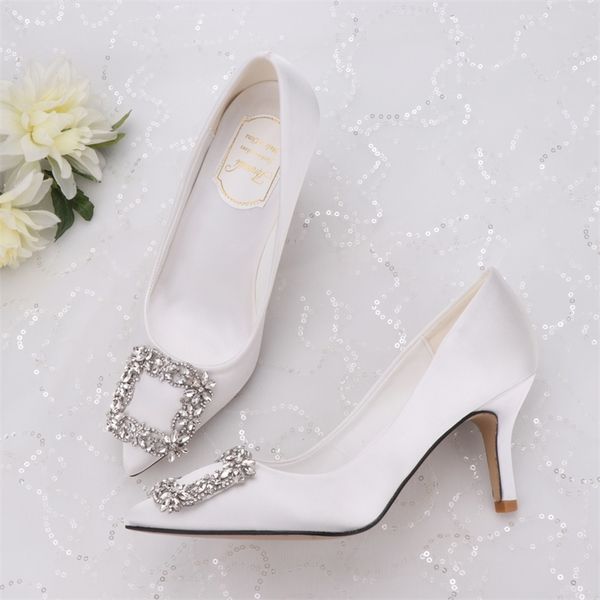 

white wedding shoes pointed 7cm 9cm high heel diamond bride shoes small fat big size 33 us 4 dress banquet lady pumps t200525, Black