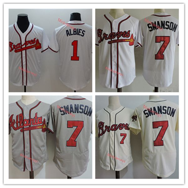 

discount mens #1 ozzie albies jerseys stitched white #7 dansby swanson baseball jerseys s-3xl, Black