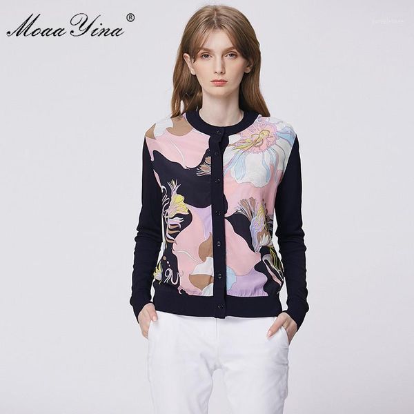 

moaayina fashion spring autumn long sleeve knitting women's elegant print silk wool cardigans sweater1, White