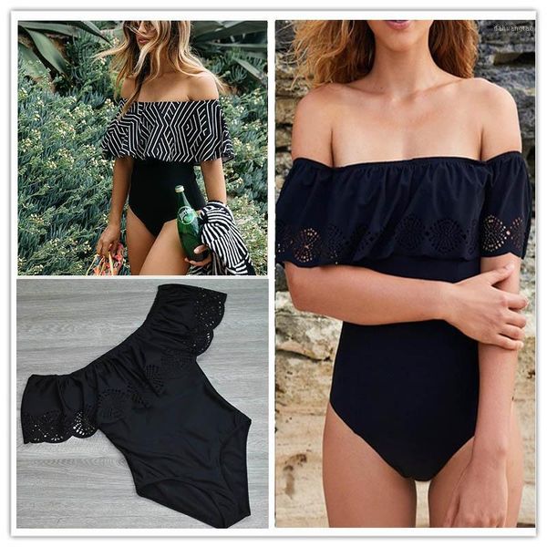 

2017 new off the shoulder solid swimwear women one piece swimsuit female bathing suit ruffle monokini swim wear xl1, White;black