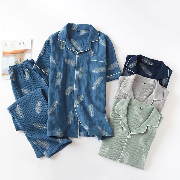 

summer men's cotton short-sleeved trousers suit men's 100% cotton gauze crepe pajamas men's large size loose home service 201, Black;brown