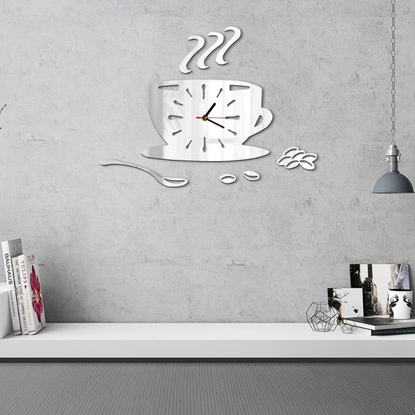 

wall clocks coffee cup cafe shop modern art diy clock beans acrylic mirror effect hanging watch house decor