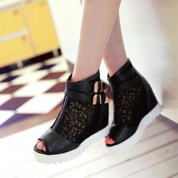 

moipheng high heel sandals wedges shoes for women leisure hollow out gladiator increasing height women mesh boots sandals1, Black