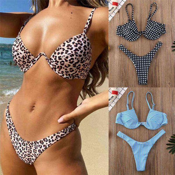 

women leopard print dot push-up bikini set swimwear v-neck bra high waist thong bandage swimsuit beach bathing monokini, White;black