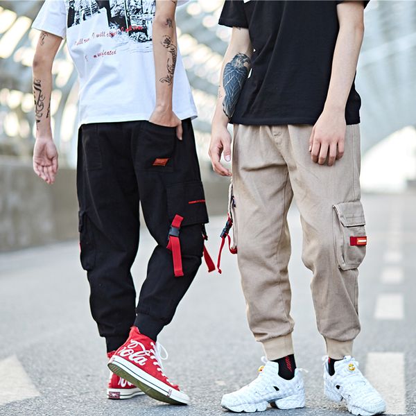 

mens fashion casual trousers hip hop cargo pants harem sweatpants pockets ribbons joggers male fashion street pants, Black