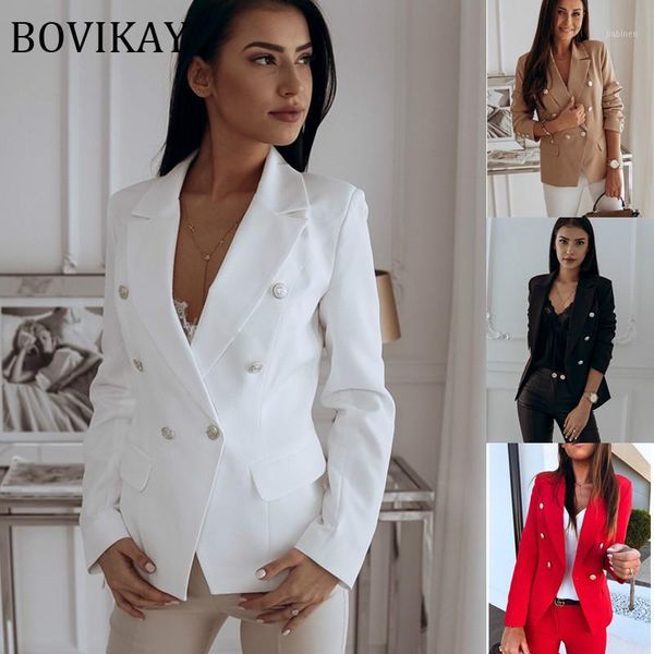 

bovikay spring metal double breasted womens jacket blazer notched collar female suit coat fashion office lady casual streetwear1, White;black