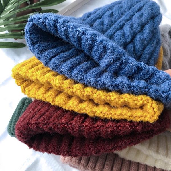 

beanie/skull caps women's winter hat thicken hedging flanging woolen hats beanies solid color warm knitted girls 10 colors, Blue;gray