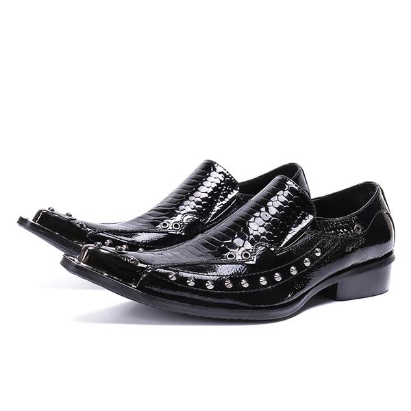 Black Spiked Loafers Rivets Mens Crafted Toe Платье Обувь Металлический наконечник Усеянные Классические скольжения на Рокодиле Оксфорд Обувь для мужчин