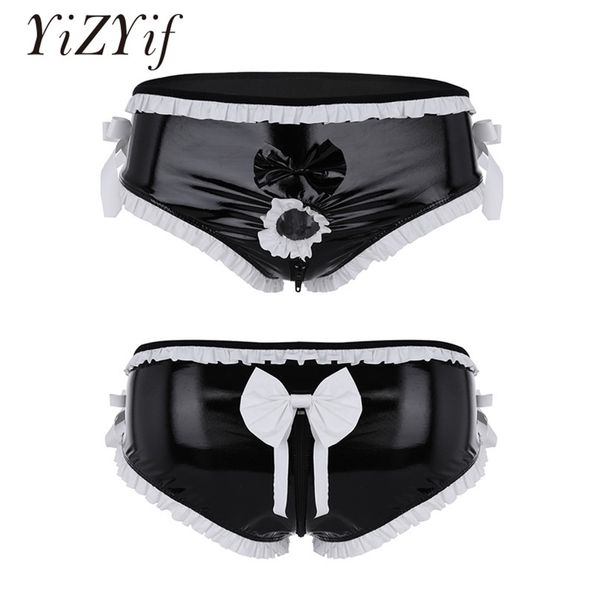 

yizyif men lingerie shiny faux leather open front underwear bikini penis ring zipper crotch sissy underpants men's leather boxer y20041, Black;white