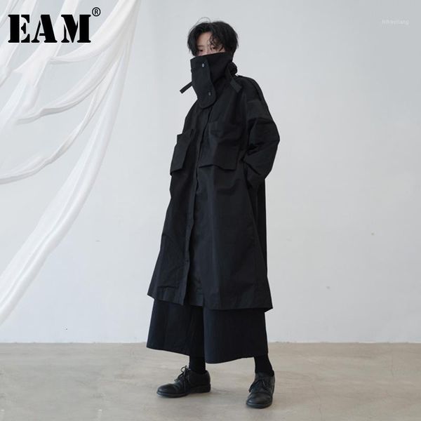 

[eam] women black oversized pocket trench new turtleneck long sleeve loose fit windbreaker fashion tide spring autumn 2020 1b6561, Tan;black