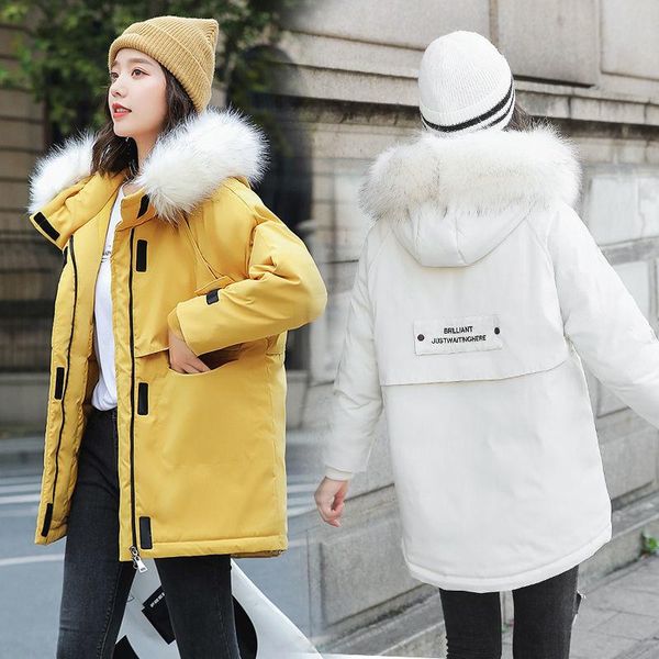 

women's down & parkas short winter parka coat women big fur collar hooded cotton jacket woman warm coats casual loose jackets, Black
