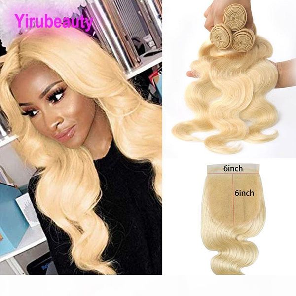 

peruvian human hair 3 bundles with 6x6 lace closure 4 pieces lot body wave 613 blonde color bundles with six by six closures, Black;brown