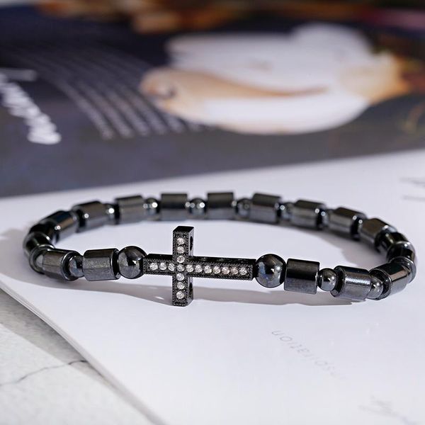 

charm cz cross copper bracelet black hematite beads bracelets men women pulseira bileklik prayer handmade jewelry gift