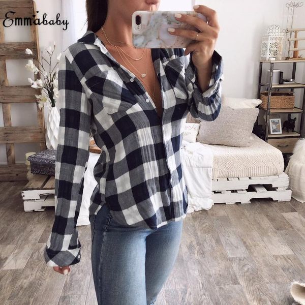 

women plaid shirts 2018 spring long sleeve blouses shirt office lady casual pocket up shirt tunic casual plus size xl blusas1, White