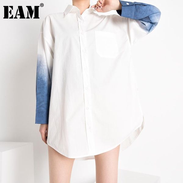 

women's blouses & shirts [eam] women white gradual color big size long blouse lapel sleeve loose shirt fashion tide spring autumn 2021