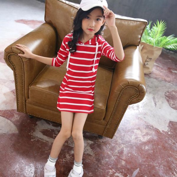 

long sleeve stripe hooded dress teen kids girls long sleeve stripe slim pencil skirt hooded princess dress roupas baby menina, Red;yellow