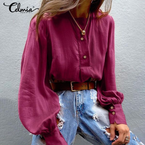 

women's blouses & shirts celmia 2021 fashion lantern sleeve clothes o-neck casual elegant office lady buttons solid blusas, White