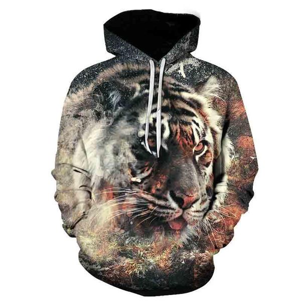 

men's hoodie fun 3d tiger lion print animal sweatshirt casual loose pocket long sleeve winter men's hoodie pullover, Black