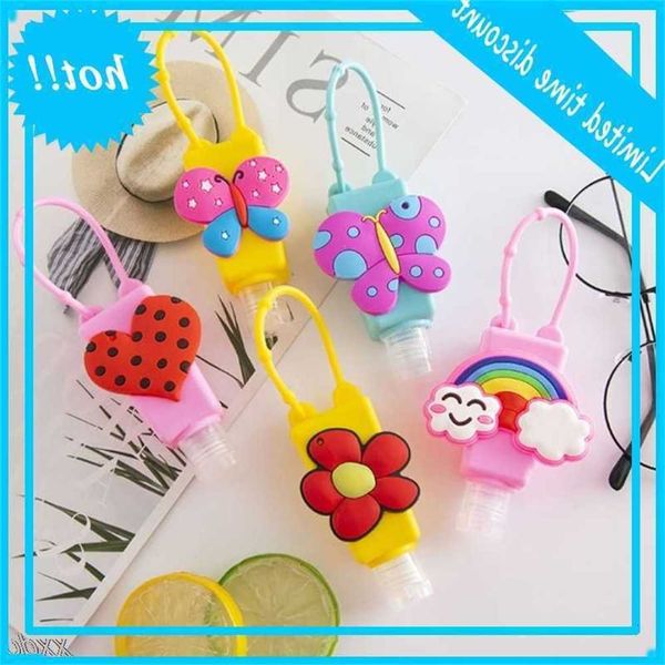 

6pcs 30ml children hand disinfectant reproducible empty bottles cartoon flowers rainbow silicon holder keychain carrier, Black