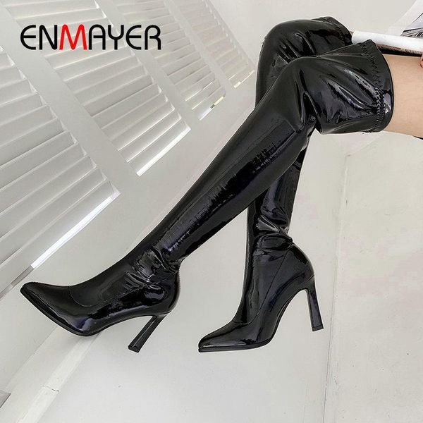 

boots enmayer 2021 women slip-on pu elegant thigh high stretch fabric over the knee thin heels shoes 34-431, Black