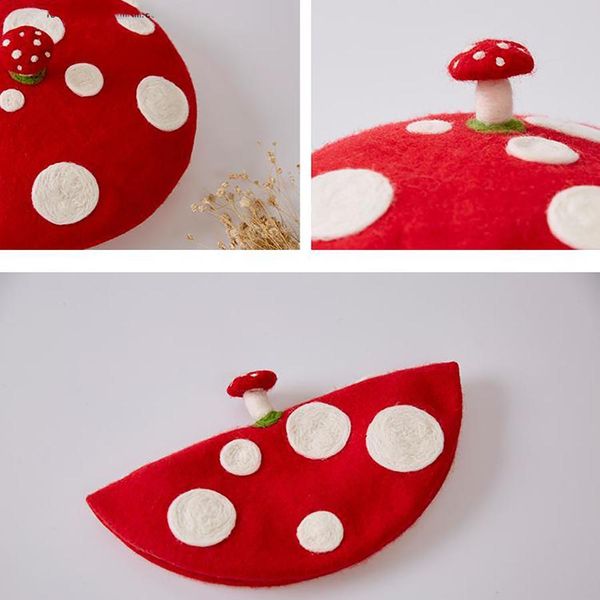 

2020 shade cute red mushroom women berets handmade wool hat white dot manual wool felt beret birth day gift for girl winter wool warm beret, Black;white