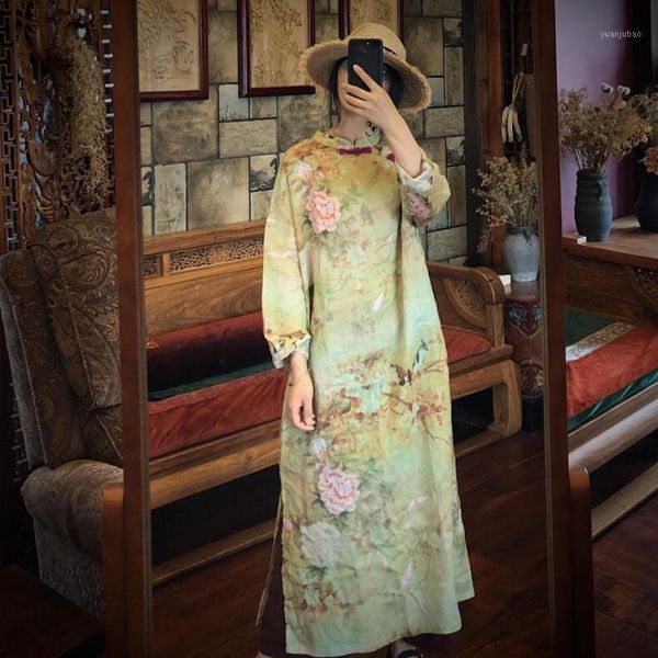 

johnature women ramie dress 2020 spring new stand print floral robes chinese style women cloths vintage cheongsam green dress1, Red