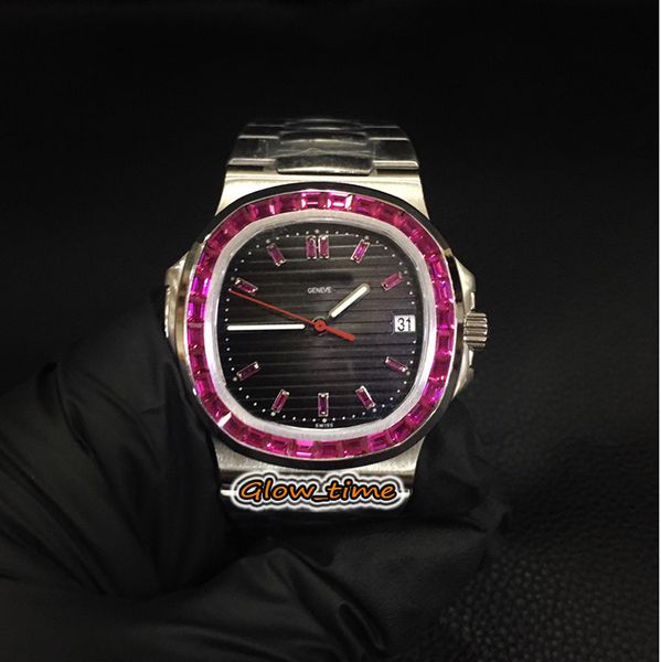 

version 5711/113p-01 gray texture dial cal.324 sc automatic mens watch ruby diamond bezel silver steel case bracelet designer watches, Slivery;brown