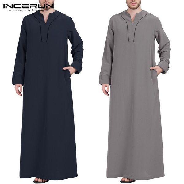 

incerun men arabic islamic kaftan muslim clothes long sleeve v neck loose jubba thobe 2020 dubai saudi arabia abaya robe men 5xl, Red